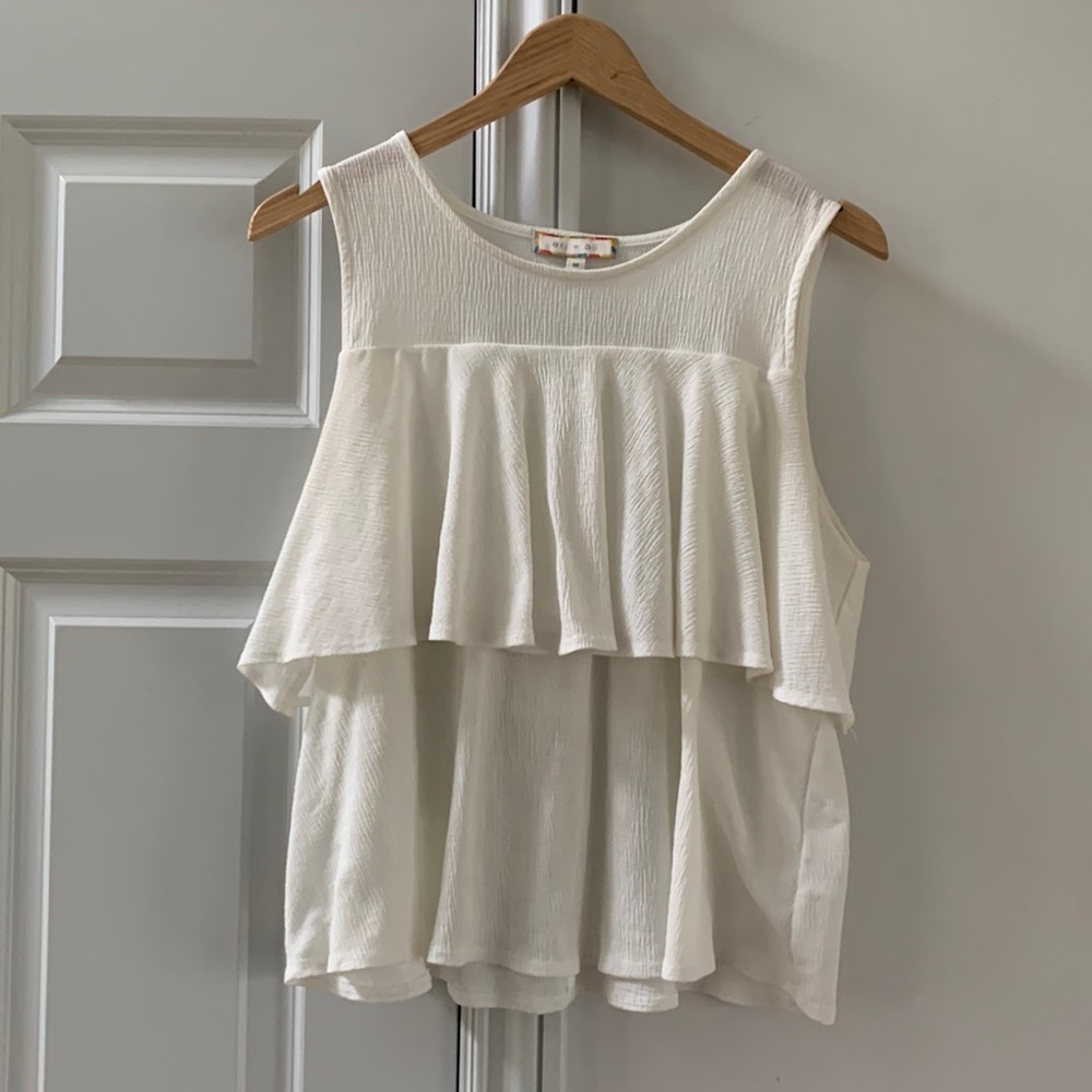 Ladies medium sleeveless beige ruffle blouse by eri and Ali from Anthropologie